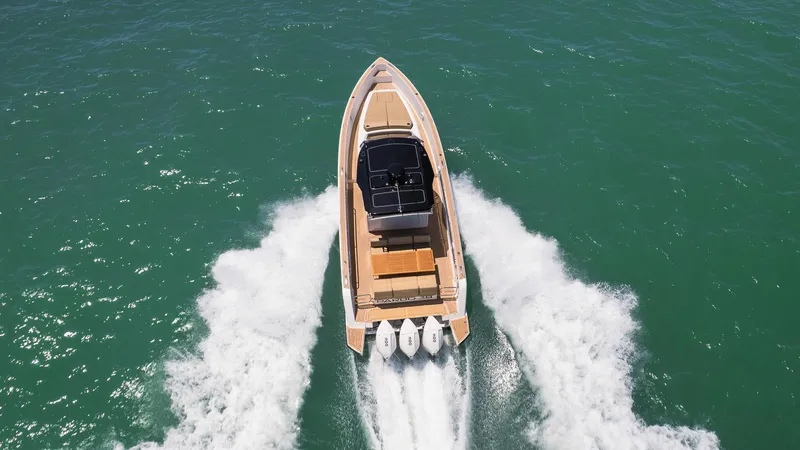  Yacht Photos Pics 2025 Pardo Yachts 38 cruising on open water, aerial view.