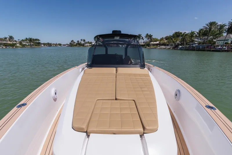  Yacht Photos Pics 2025 Pardo Yachts 38 with tan sunbed on calm water.