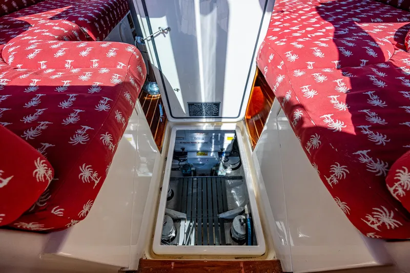 Double Expresso Yacht Photos Pics Interior view of 2006 Hinckley Talaria 44 MY with red patterned seating.