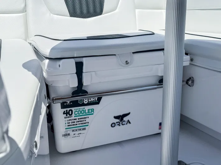  Yacht Photos Pics 2025 Wellcraft 302 Fisherman boat with ORCA 40-quart cooler on deck.