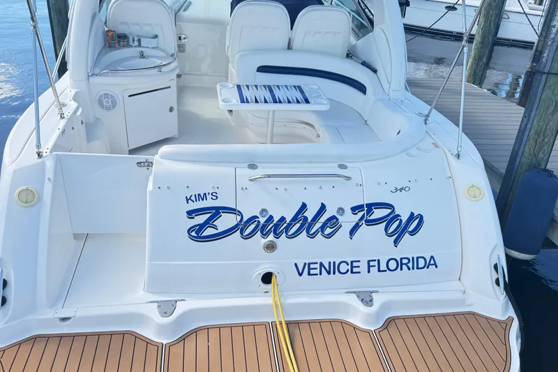  Yacht Photos Pics 2005 Sea Ray 340 Sundancer boat docked, named "Double Pop," Venice, Florida.