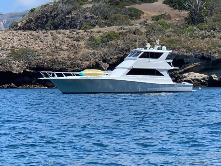 Gitana Yacht Photos Pics 2000 Viking Enclosed Flybridge yacht on calm water near rocky shoreline.