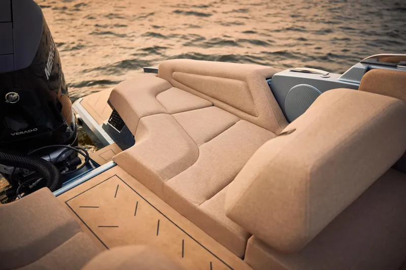  Yacht Photos Pics Luxurious seating on 2026 Flynt Yachts Speedera 26 OB, overlooking serene waters.