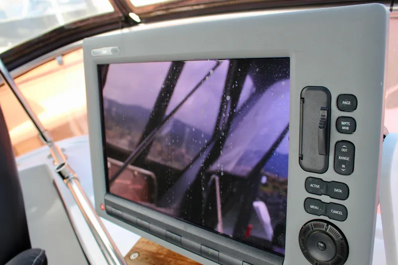 Rc Venture Yacht Photos Pics Control panel on 1989 Ocean Alexander 44 yacht, featuring navigation display and buttons.