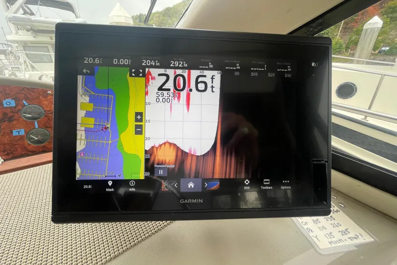  Yacht Photos Pics Garmin navigation display on 1999 Bayliner 3988 Motoryacht showing depth and map.