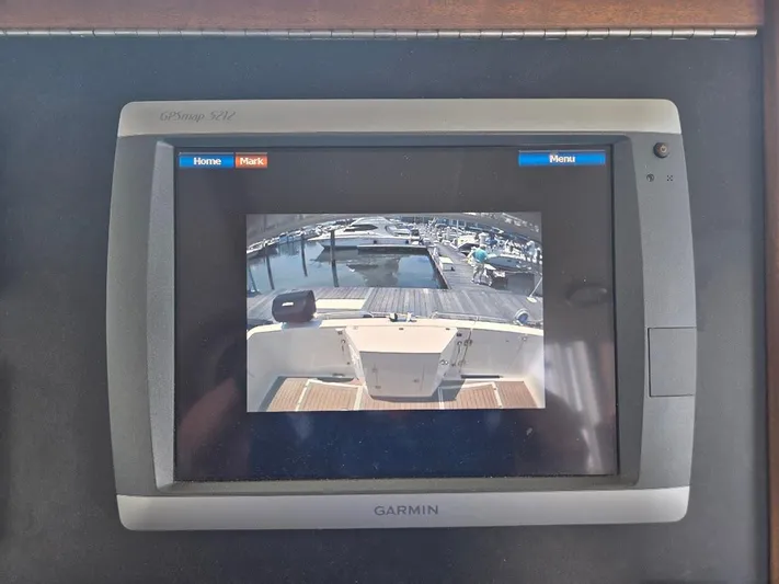 Chinook Yacht Photos Pics Garmin GPS display on 2010 American Tug 49 Limited, showing rear view of marina.