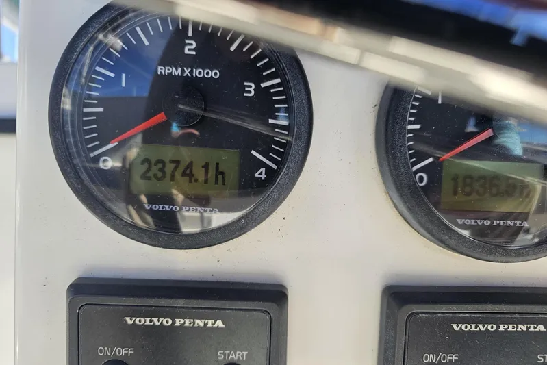 Freckled Parrot Yacht Photos Pics Volvo Penta engine gauges on 2015 Fountaine Pajot Helia 44 catamaran, showing hours and RPM.