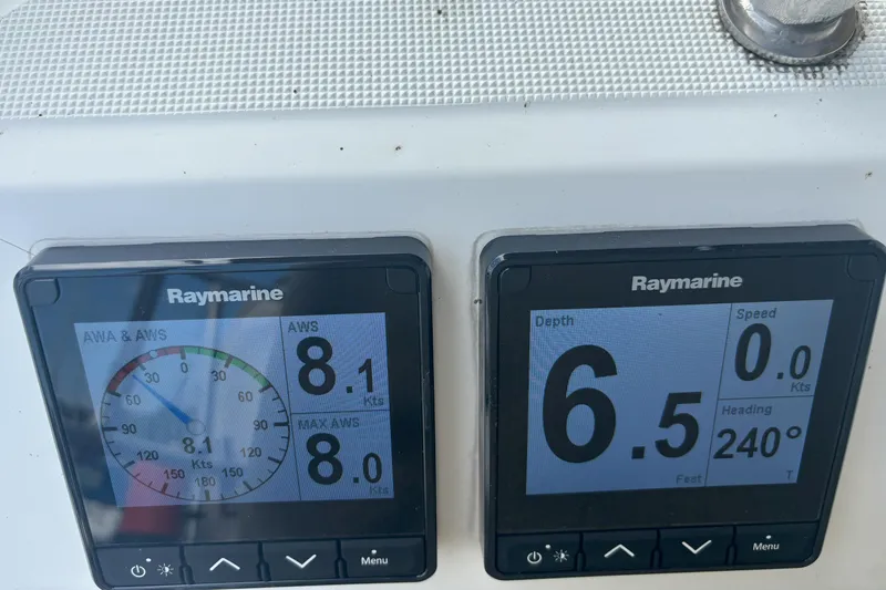  Yacht Photos Pics Raymarine instruments on Jeanneau Sun Odyssey 44i, displaying wind speed and heading data.