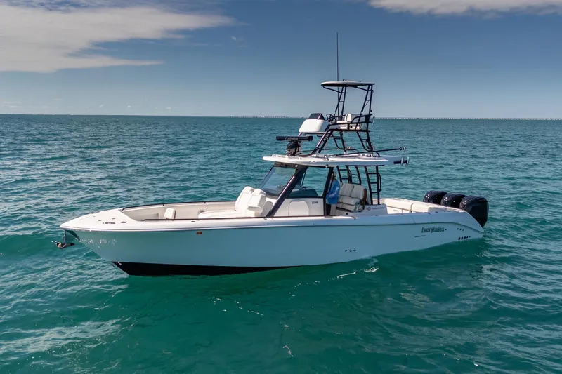 Papa Roach III Yacht Photos Pics 2025 Everglades 375 Center Console boat on open ocean waters.