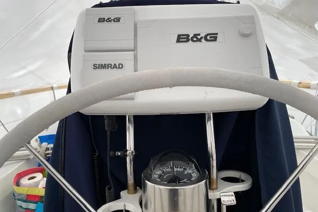 Souwester Yacht Photos Pics Steering wheel and navigation equipment on a 2003 Sabre 362 sailboat.