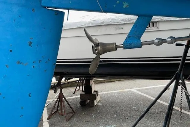 Souwester Yacht Photos Pics Propeller and rudder of a 2003 Sabre 362 sailboat on dry dock.