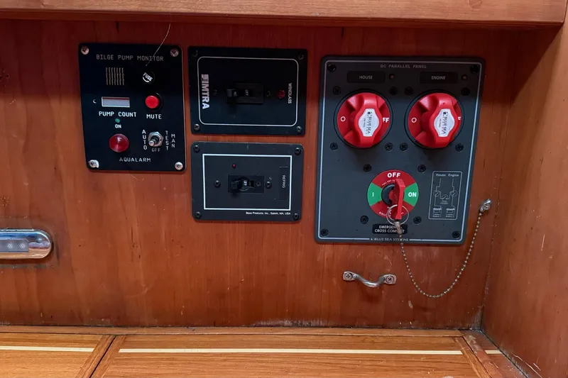 Souwester Yacht Photos Pics Control panel of a 2003 Sabre 362 boat with bilge pump monitor and switches.