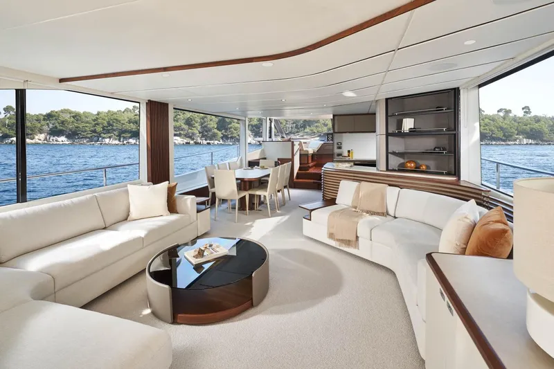 Yacht Photos Pics Luxurious interior of 2024 Princess Y80 yacht with elegant seating and ocean view.