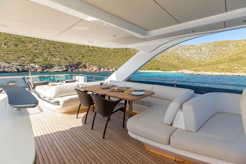 Yacht Photos Pics Luxurious 2024 Princess Y80 yacht deck with elegant seating and scenic ocean view.