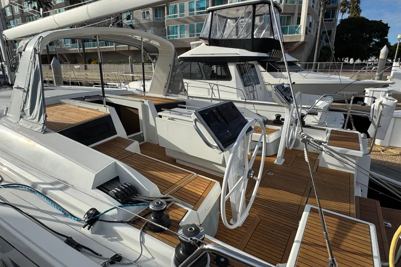  Yacht Photos Pics 2023 Beneteau Oceanis 46.1 sailboat with modern deck design and dual steering wheels.