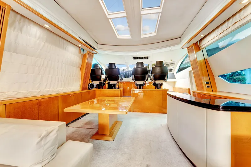  Yacht Photos Pics Luxurious interior of 2007 Sunseeker Predator 108 yacht with modern seating and skylights.