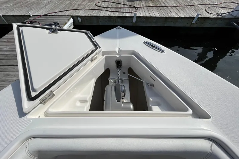  Yacht Photos Pics 2020 Jupiter 34 Center Console anchor compartment open at dock.