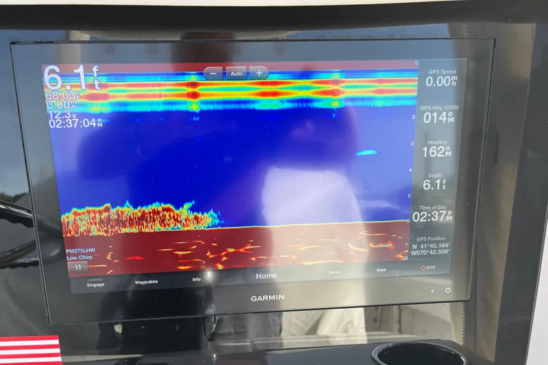  Yacht Photos Pics Garmin marine display showing sonar data on a 2020 Jupiter 34 Center Console boat.