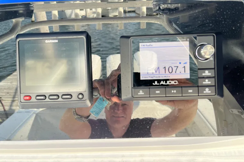  Yacht Photos Pics Console of 2020 Jupiter 34 Center Console with Garmin and JL Audio displays.