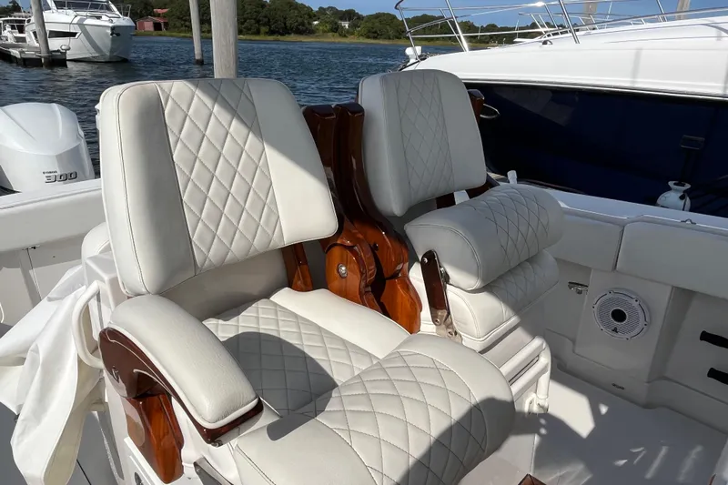  Yacht Photos Pics Luxurious seating on 2020 Jupiter 34 Center Console boat with quilted upholstery.
