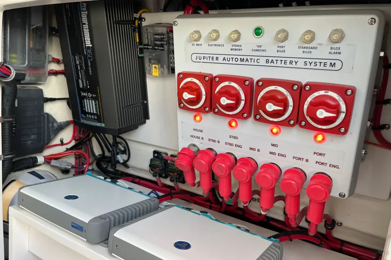  Yacht Photos Pics 2020 Jupiter 34 Center Console automatic battery system with control panel and wiring.