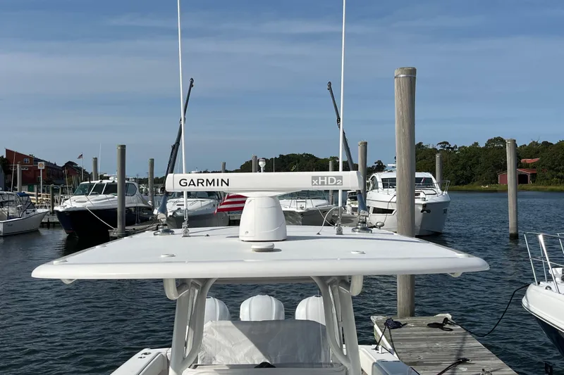  Yacht Photos Pics 2020 Jupiter 34 Center Console boat docked with Garmin radar system.
