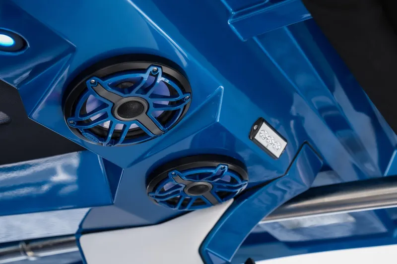  Yacht Photos Pics Blue speakers on a 2026 Fountain 43 SCX boat, showcasing modern audio design.