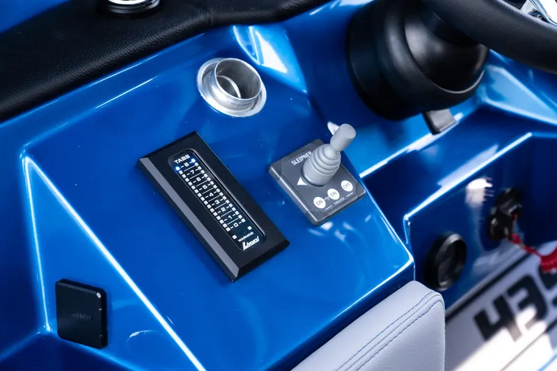  Yacht Photos Pics Control panel of 2026 Fountain 43 SCX boat with joystick and display.