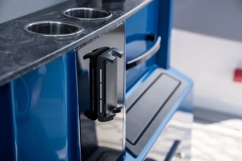  Yacht Photos Pics Interior detail of 2026 Fountain 43 SCX boat with cup holders and sleek design.