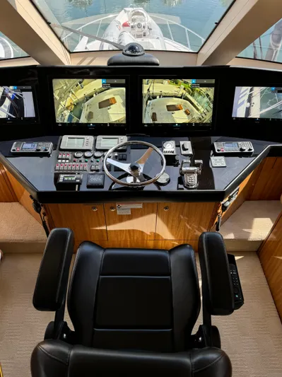 Red Queen Yacht Photos Pics 2008 Hatteras Enclosed Bridge yacht helm with advanced navigation controls and panoramic view.