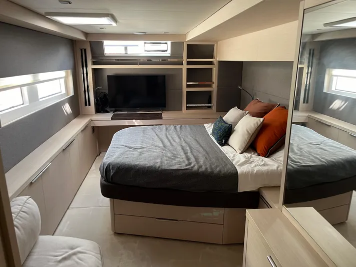  Yacht Photos Pics Luxurious 2021 Lagoon 55 yacht bedroom with modern decor and ample storage.