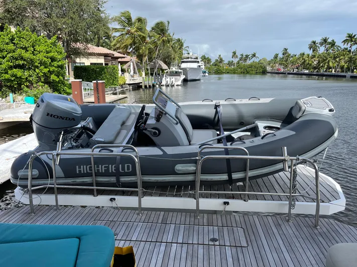  Yacht Photos Pics Highfield LD inflatable boat with Honda motor on Lagoon 55 yacht, 2021 model.