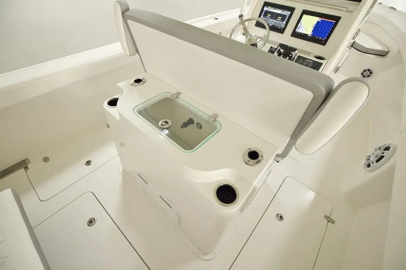  Yacht Photos Pics Interior of 2026 Parker 274 Fathom boat with modern dashboard and seating.