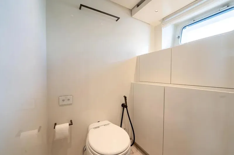  Yacht Photos Pics Bathroom interior of 2021 Sanlorenzo SX76 yacht, featuring modern design and natural light.