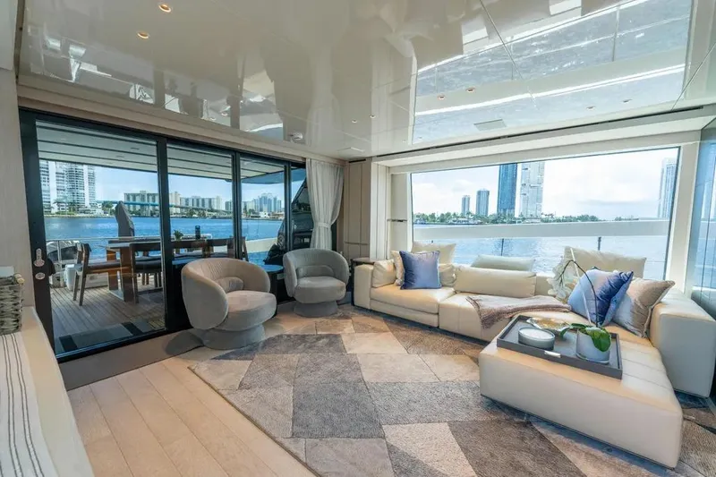  Yacht Photos Pics Luxurious 2021 Sanlorenzo SX76 yacht interior with modern seating and panoramic ocean views.