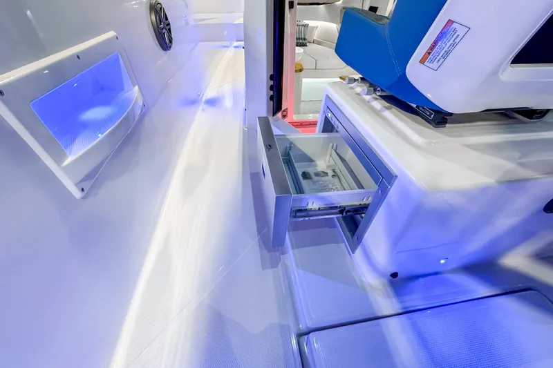  Yacht Photos Pics Interior of 2025 Axopar 37 Sun Top BRABUS Trim with open storage drawer.
