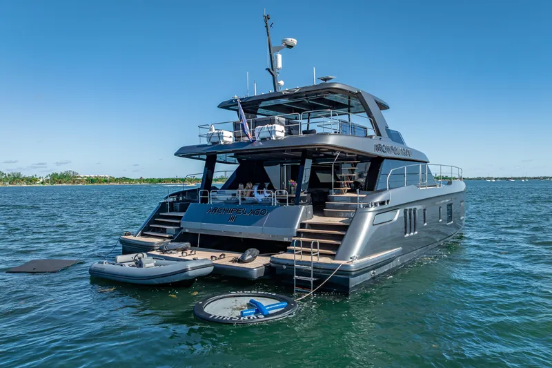 Skip The Wait Yacht Photos Pics Luxurious 2026 Sunreef 60 Power yacht on serene blue waters.