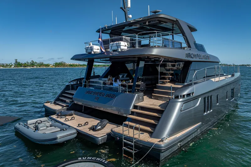 Skip The Wait Yacht Photos Pics Luxurious 2026 Sunreef 60 Power yacht on serene water, showcasing elegant design and spacious deck.
