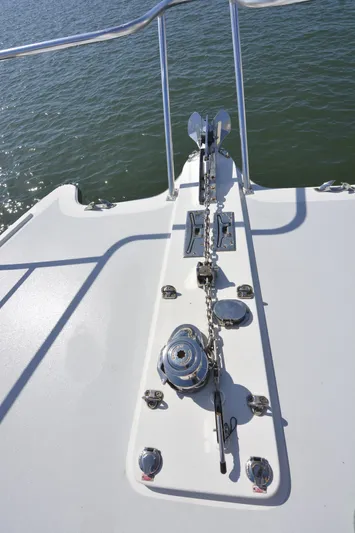 Blue Marble Explorer Yacht Photos Pics Bow deck of 2005 Custom P-38 Lightning Power Catamaran with anchor and chain.