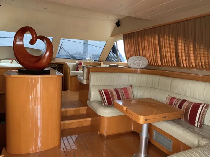 Blue Martini Yacht Photos Pics Luxurious interior of 2001 Uniesse Flybridge 48 yacht with elegant seating and modern decor.