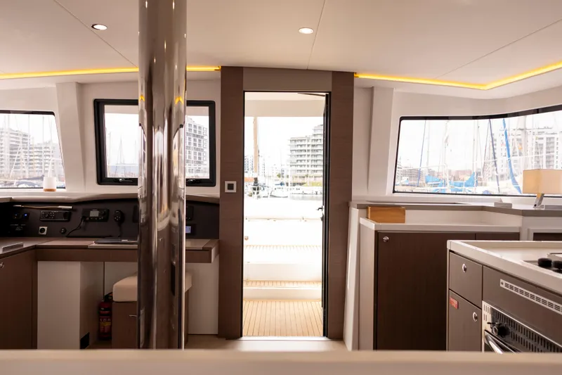 Tatani Yacht Photos Pics Interior of a 2021 Bali 4.8 yacht, featuring modern design and spacious layout.