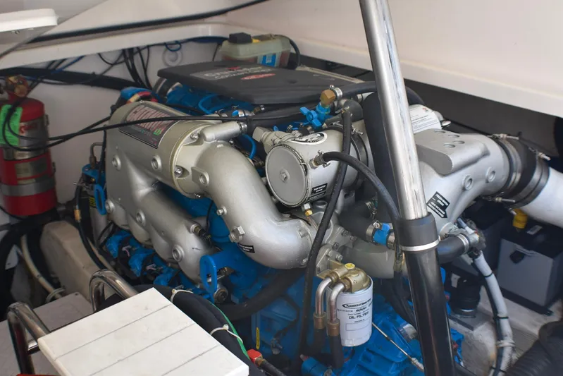 Alipa Yacht Photos Pics Engine compartment of a 2013 Tiara Yachts 3100 Open, showcasing detailed mechanical components.