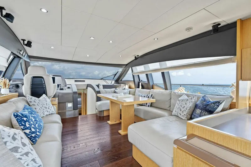 Big Deck Energy Yacht Photos Pics Luxurious interior of 2013 Ferretti Yachts 620 with elegant seating and ocean view.
