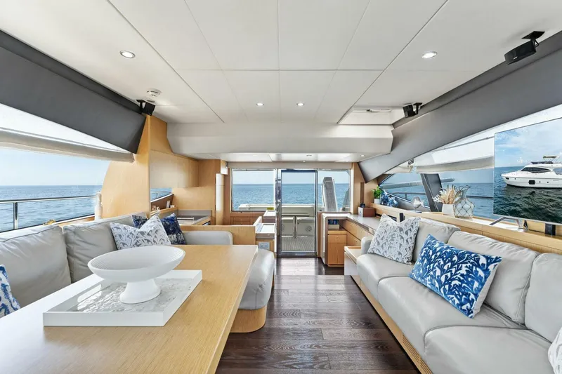 Big Deck Energy Yacht Photos Pics Luxurious interior of 2013 Ferretti Yachts 620 with ocean view and elegant furnishings.