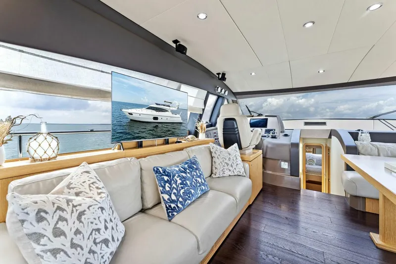 Big Deck Energy Yacht Photos Pics Luxurious interior of 2013 Ferretti Yachts 620 with elegant seating and modern design.