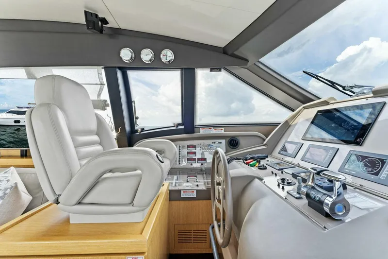 Big Deck Energy Yacht Photos Pics Luxurious helm of 2013 Ferretti Yachts 620 with modern controls and plush seating.