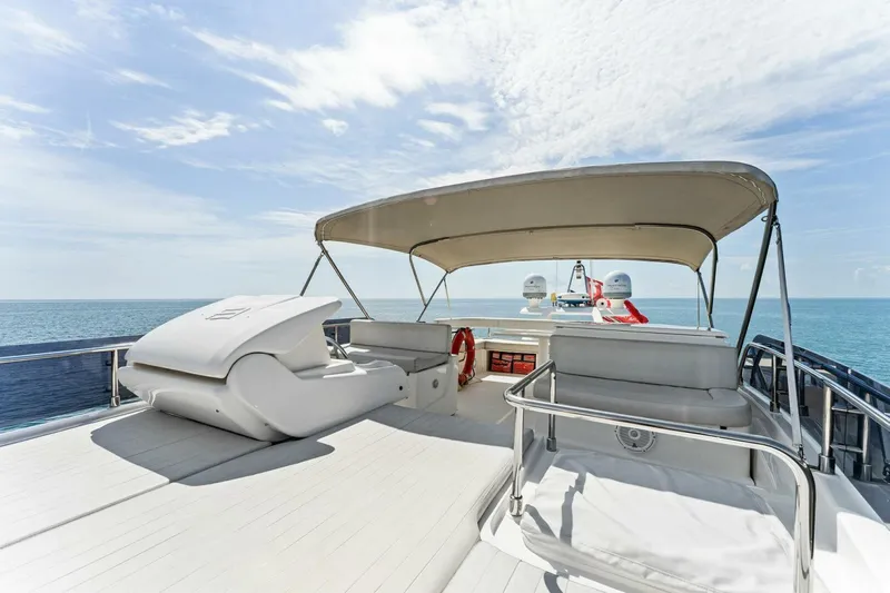 Big Deck Energy Yacht Photos Pics Luxurious 2013 Ferretti Yachts 620 with spacious deck and canopy on open sea.