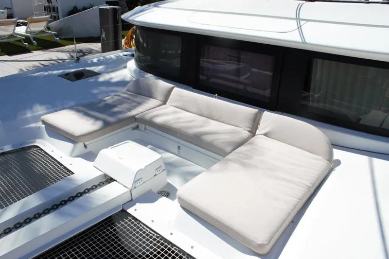 Jungle Goddess Yacht Photos Pics Luxurious seating area on 2022 Lagoon 46 catamaran deck.