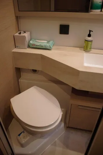 Jungle Goddess Yacht Photos Pics Modern bathroom in 2022 Lagoon 46 yacht with toilet and sink.