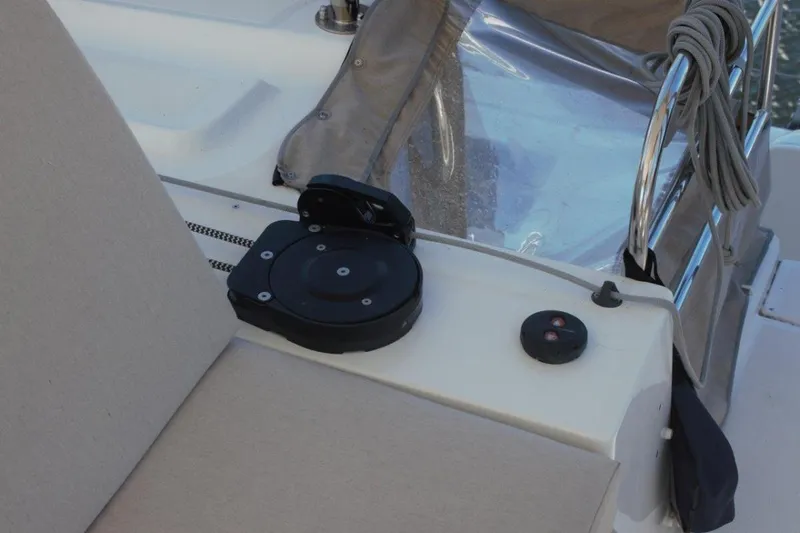 Jungle Goddess Yacht Photos Pics 2022 Lagoon 46 yacht deck detail with seating and equipment.